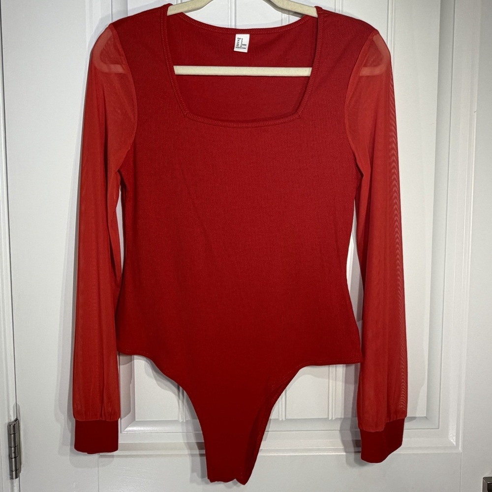 Women's Red Ribbed Bodysuit Medium Square Neck Sheer Mesh Long Sleeve
